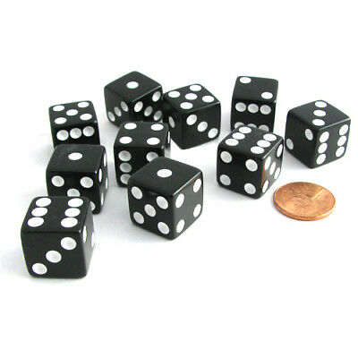 Set Of 10 Six Sided Square Opaque 16mm D6 Dice - Black With White Pip Die