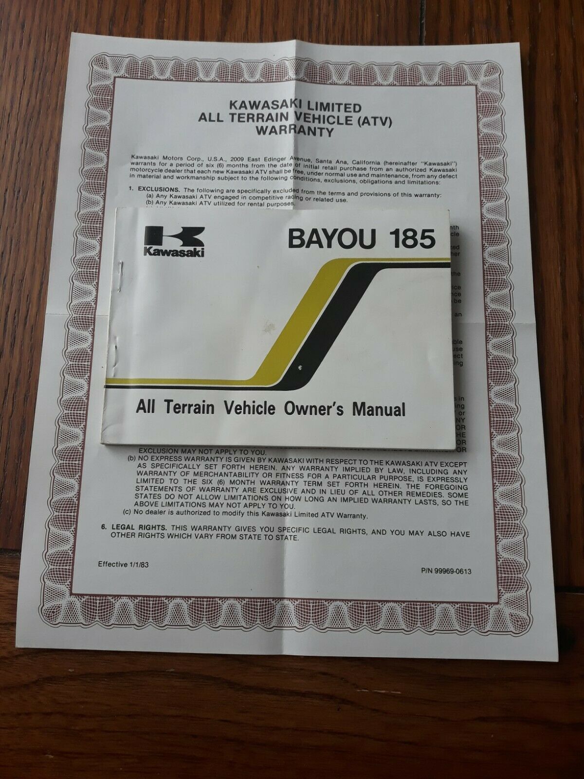 Original Kawasaki 185 Bayou Atv Owner's Manual, With Warranty