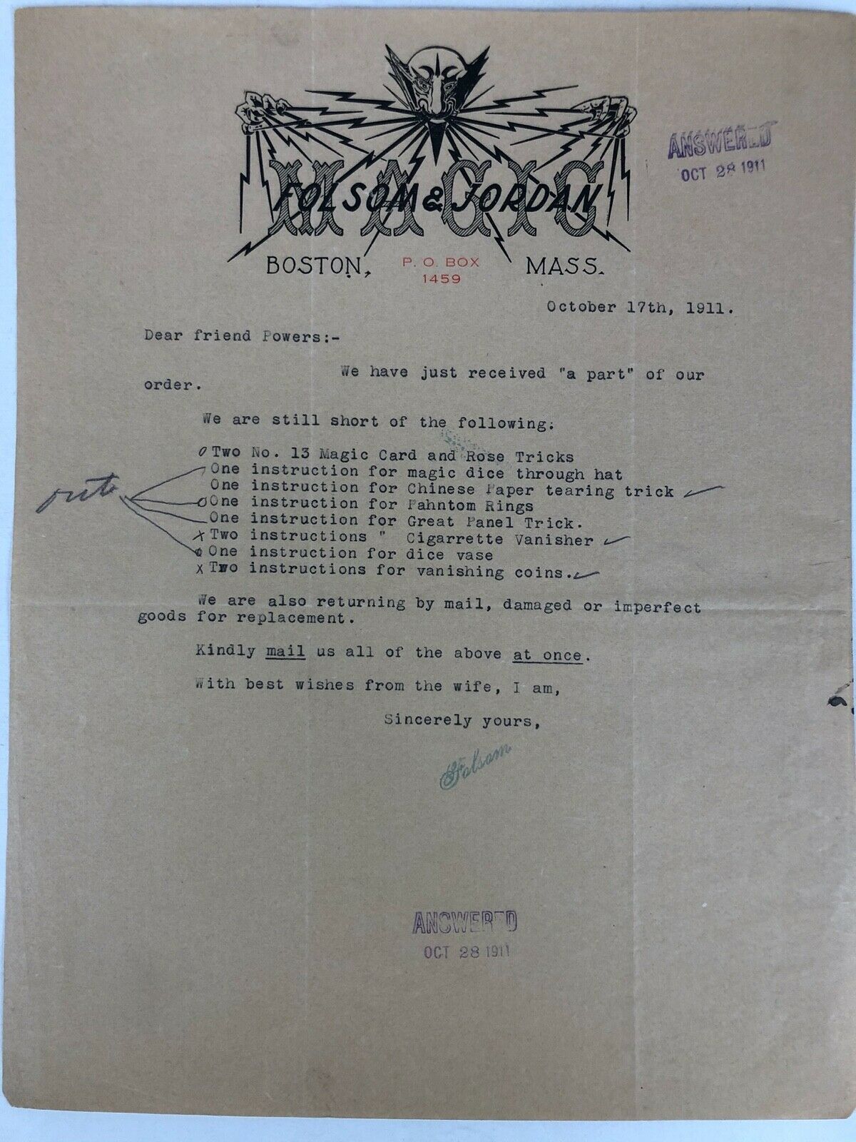 1911 Boston Magician's Letter On Illustrated Letterhead To Clyde Powers